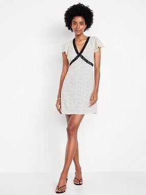 Polka Dot Lace-Trim V-Neck Mini Dress in White